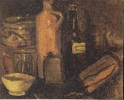 Still-life with earthenware, glass of beer and bottles